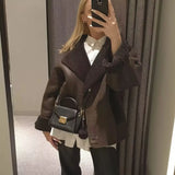 greatnfb  TRAF Fashion Woman Thick Faux Leather Jackets for Women 2024 Winter Warm Wool Blends Chic Coats Lapel Pu Plush New In Outerwear