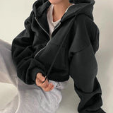 2024 Autumn Retro Solid Color Zip Up Oversized Hooded Sweatshirts Women Harajuku Korean Version Long Sleeve Short Hoodies Coat