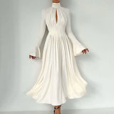 Casual Solid Pleated Women's Dresses Elegant Turtleneck Hollow Party Dress 2023 Autumn Solid Flare Sleeves High Waist Long Dress