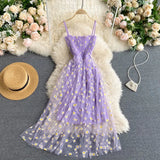 Korean Fashion Daisy Flower Print Mesh Party Dress Summer Two Layers Spaghetti Strap Vacation Midi Dress Beach Vestidos