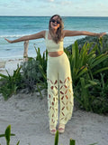 greatnfb Women Elegant Hollow Out Knit Pants Suit Casual Square Neck Cropped Tank High Waist Trousers Set 2024 Lady Vacation Chic Outfits