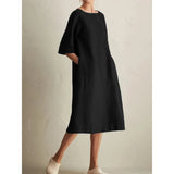 greatnfb  Summer Autumn New Elegant Fashion Harajuku Party Dress Cotton Linen Pockets Vestidos De Fiesta Solid Casual Loose Female Clothes