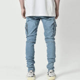 greatnfb  Street Elastic Jeans Men Denim Cargo Pants Wash Solid Color Multi Pockets Casual Mid Waist Trousers Slim Fit Daily Wear Joggers