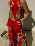 2024 NEW Women Print Suit Sleeveless Crop Top Loose Long Pants 2 Pieces Set Lady Spring Summer Hawaii Beach Casual Outfits