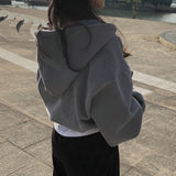 2024 Autumn Retro Solid Color Zip Up Oversized Hooded Sweatshirts Women Harajuku Korean Version Long Sleeve Short Hoodies Coat