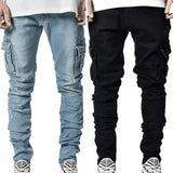 greatnfb  Street Elastic Jeans Men Denim Cargo Pants Wash Solid Color Multi Pockets Casual Mid Waist Trousers Slim Fit Daily Wear Joggers