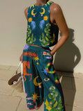 2024 NEW Women Print Suit Sleeveless Crop Top Loose Long Pants 2 Pieces Set Lady Spring Summer Hawaii Beach Casual Outfits