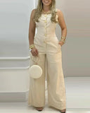 2023 Summer Women's Jumpsuit Fashion Wide Leg Buttoned Casual Square Neck Sleeveless Pocket Design Suspender Jumpsuit