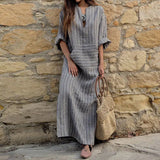 greatnfb Women Dress Casual Loose Short Sleeve Cotton Linen Folds Boho Long Dress Summer Vintage Beach Holiday Street Dresses Female Robe