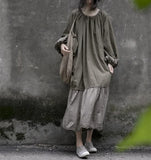 greatnfb  Vintage Casual Lantern Sleeves Patchwork Cotton Linen Dress Women Original Design String Loose Long Holiday Vestidos Female