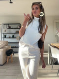 2024 Spring Long Pant Set For Women Elegant Sleeveless Top High Waist Wide Leg Trousers 2 Pieces Set Female Chic Street Outfits