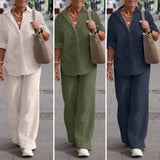 greatnfb Women Autumn Linen Lapel Shirt Two Pieces Set Vintage Solid Long Sleeve Button Blouse and Loose Straight Pants Casual Suits