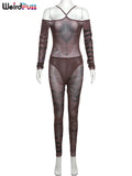 greatnfb  Weird Puss Sexy See Through Women 2 Piece Set Fashion Heart Print Slash Neck Bodysuit+Leggings Matching Midnight Clubwear Suit