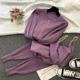 greatnfb Women Zipper Knitted Cardigans Sweaters + Pants Sets + Vest Woman Fashion Jumpers Trousers 3 PCS Costumes Outfit