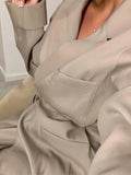 2024 Casual Women Solid loose Blazer Set elegant Lady Lapel Lace Up Long Sleeve Wide Leg Pants Suit Office Lady Commuting Outfit