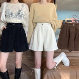 2024 New Corduroy Women's Cargo Shorts Autumn Winter High Waist Wide Leg Shorts Casual Vintage Female Trousers Fashion