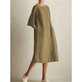 greatnfb  Summer Autumn New Elegant Fashion Harajuku Party Dress Cotton Linen Pockets Vestidos De Fiesta Solid Casual Loose Female Clothes