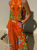 2024 NEW Women Print Suit Sleeveless Crop Top Loose Long Pants 2 Pieces Set Lady Spring Summer Hawaii Beach Casual Outfits