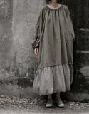 greatnfb  Vintage Casual Lantern Sleeves Patchwork Cotton Linen Dress Women Original Design String Loose Long Holiday Vestidos Female