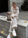 Fashion Two Pieces Knitted Pant Sets Women Autumn Polo Collar Split Sweater Pullover Wide Leg Elastic Waist Pants Female Outfits