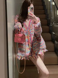 2024 New Autumn Rainbow Color Knitted Sweater Women Fashion Tassel Decoration Cardigan Vintage Single-Breasted Causal Tops