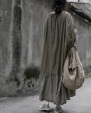 greatnfb  Vintage Casual Lantern Sleeves Patchwork Cotton Linen Dress Women Original Design String Loose Long Holiday Vestidos Female