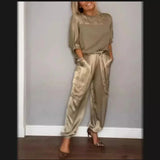 greatnfb  Spring/Summer Women's Set Fashion Satin Round Neck Long Sleeved Top and Pants Set Casual Loose and Elegant Women's Two Piece Set