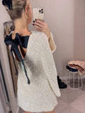 Fashion Shining Sequin Mini Dress For Women Long Sleeve Bowknot Chic Short Dresses Female Elegant Holiday Evening Party Looks