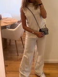 2024 Spring Long Pant Set For Women Elegant Sleeveless Top High Waist Wide Leg Trousers 2 Pieces Set Female Chic Street Outfits