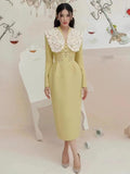DEAT Elegant Dress Tweed V-neck High Waist Embroidery Patchwork Women's Evening Party Dresses 2024 Spring New Fashion 35Z229