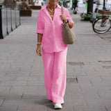 greatnfb Women Autumn Linen Lapel Shirt Two Pieces Set Vintage Solid Long Sleeve Button Blouse and Loose Straight Pants Casual Suits
