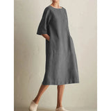 greatnfb  Summer Autumn New Elegant Fashion Harajuku Party Dress Cotton Linen Pockets Vestidos De Fiesta Solid Casual Loose Female Clothes