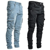 greatnfb  Street Elastic Jeans Men Denim Cargo Pants Wash Solid Color Multi Pockets Casual Mid Waist Trousers Slim Fit Daily Wear Joggers