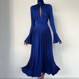 Casual Solid Pleated Women's Dresses Elegant Turtleneck Hollow Party Dress 2023 Autumn Solid Flare Sleeves High Waist Long Dress
