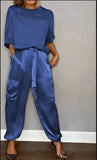 greatnfb  Spring/Summer Women's Set Fashion Satin Round Neck Long Sleeved Top and Pants Set Casual Loose and Elegant Women's Two Piece Set