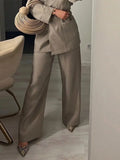 2024 Casual Women Solid loose Blazer Set elegant Lady Lapel Lace Up Long Sleeve Wide Leg Pants Suit Office Lady Commuting Outfit