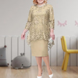 2022 New O-neck High-Waist Plus Size Midi Dress M-5XL Elegant  Embroidery Lace 3/4 Sleeve Lady Evening Dress Female Clothing
