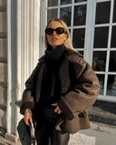 greatnfb  TRAF Fashion Woman Thick Faux Leather Jackets for Women 2024 Winter Warm Wool Blends Chic Coats Lapel Pu Plush New In Outerwear