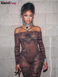 greatnfb  Weird Puss Sexy See Through Women 2 Piece Set Fashion Heart Print Slash Neck Bodysuit+Leggings Matching Midnight Clubwear Suit