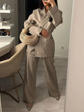 2024 Casual Women Solid loose Blazer Set elegant Lady Lapel Lace Up Long Sleeve Wide Leg Pants Suit Office Lady Commuting Outfit