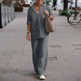 greatnfb Women Autumn Linen Lapel Shirt Two Pieces Set Vintage Solid Long Sleeve Button Blouse and Loose Straight Pants Casual Suits