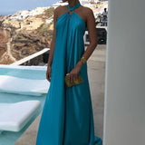 2024 Summer Solid Color Lady Party Dress Blue Sexy Long Dress Fashion Women A-line Evening DressVestido Elegant Robe 24835