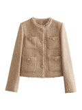 greatnfb  TRAF Women's Jacket Coat Tweed Cropped Jacket New in Outerwears Autumn Winter Crop jacket Woman Long Sleeve Elegant Short Coats