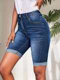greatnfb Roll Up Trim Washed Denim Shorts, Slant Pocket Mid-stretch Streetwear Stylist Denim Shorts, Women's Denim Jeans & Clothing