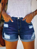 greatnfb Solid Rolled Hem Denim Shorts, Slim Fit Slash Pockets Ripped Short Denim Pants, Women's Denim Jeans & Clothing