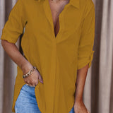 greatnfb  Solid Button Down Shirt, Casual Roll Up Sleeve Curved Hem Shirt, Women's Clothing
