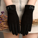 Solid Color Bow Decor Gloves Stylish Fleece Warm Touch Screen Gloves Winter Outdoor Driving Coldproof Gloves