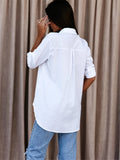 greatnfb  Solid Button Down Shirt, Casual Roll Up Sleeve Curved Hem Shirt, Women's Clothing
