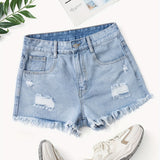 greatnfb Raw Trim Ripped Holes Denim Shorts, Button Zipper Closure Leisure Fashion Denim Shorts For Summer, Women's Denim Jeans & Clothing
