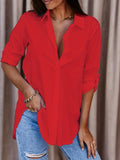 greatnfb  Solid Button Down Shirt, Casual Roll Up Sleeve Curved Hem Shirt, Women's Clothing